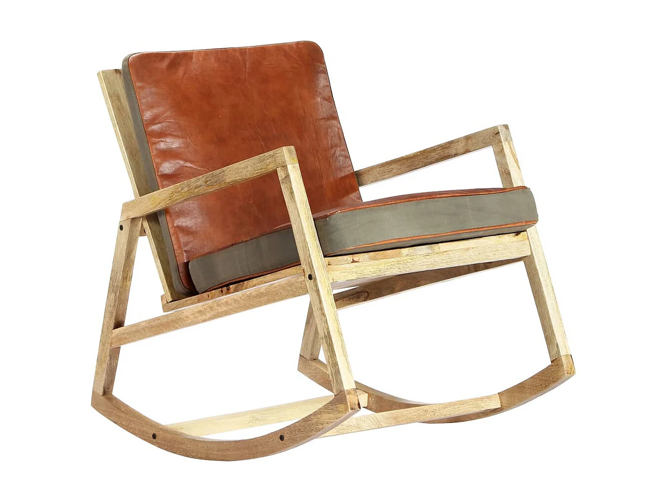 Sedia a dondolo Marrone Vera pelle e legno massello di mango