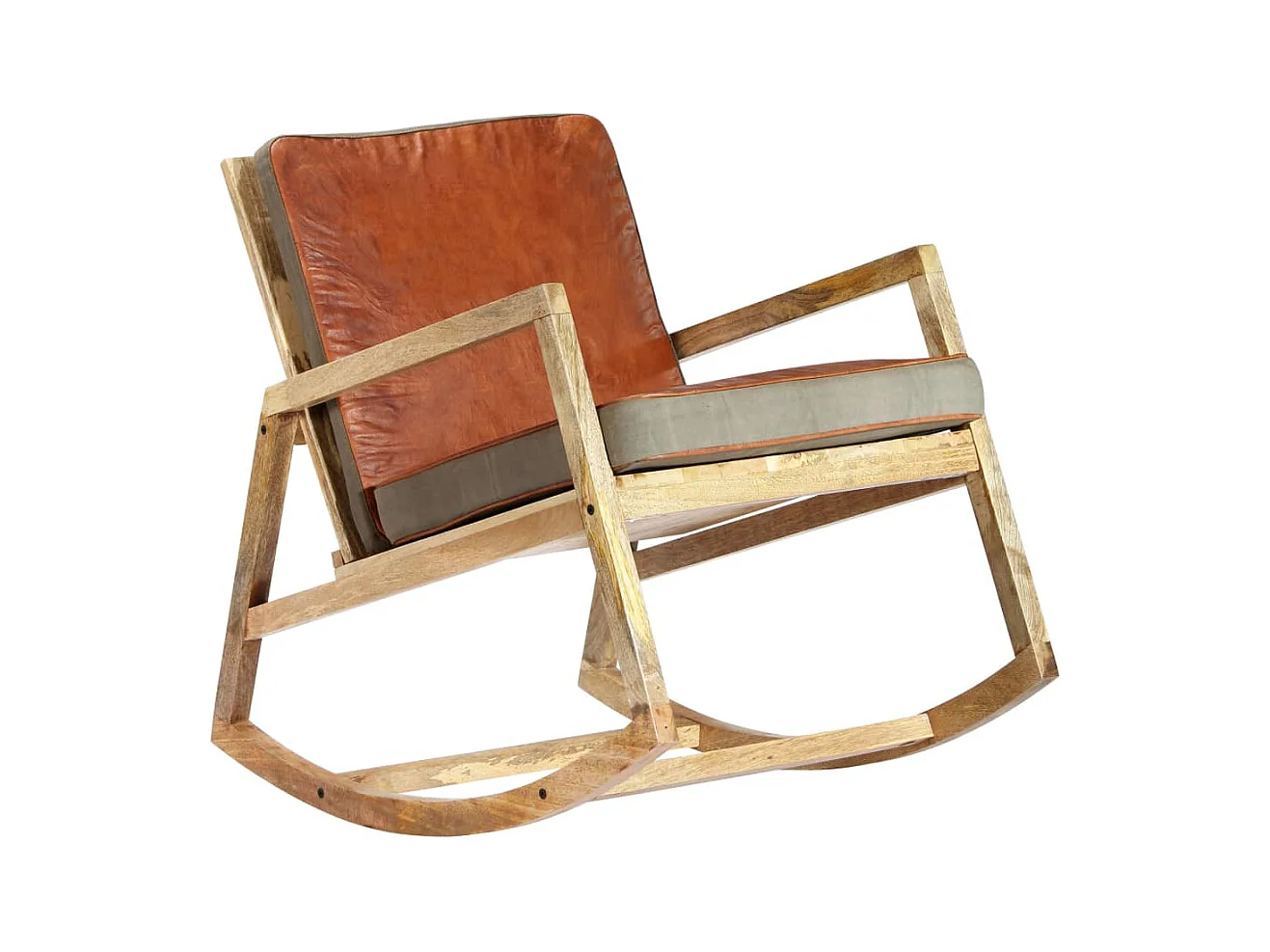 Sedia a dondolo Marrone Vera pelle e legno massello di mango