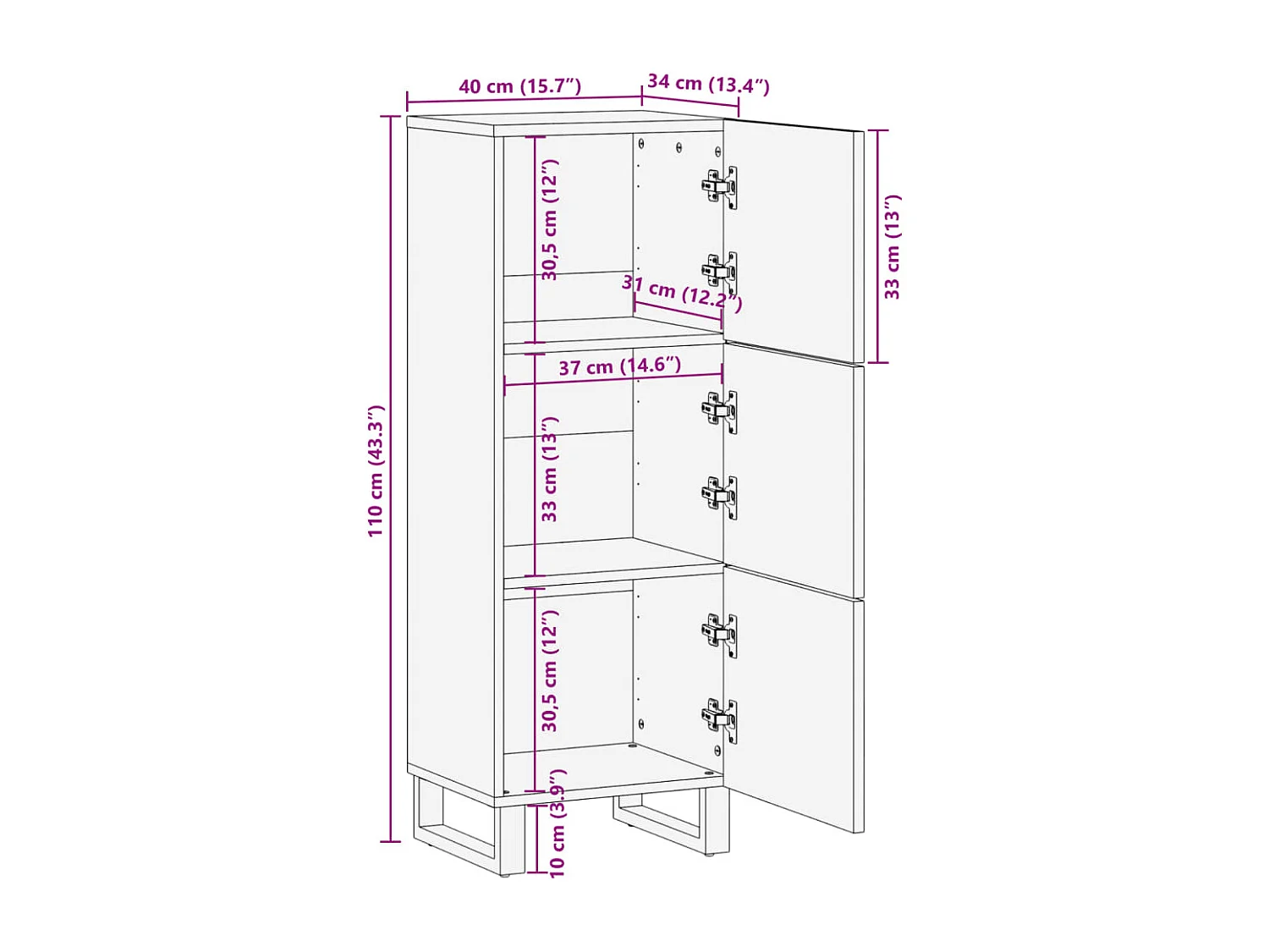 Credenza alta 40x34x110 cm in legno massello di mango grezzo