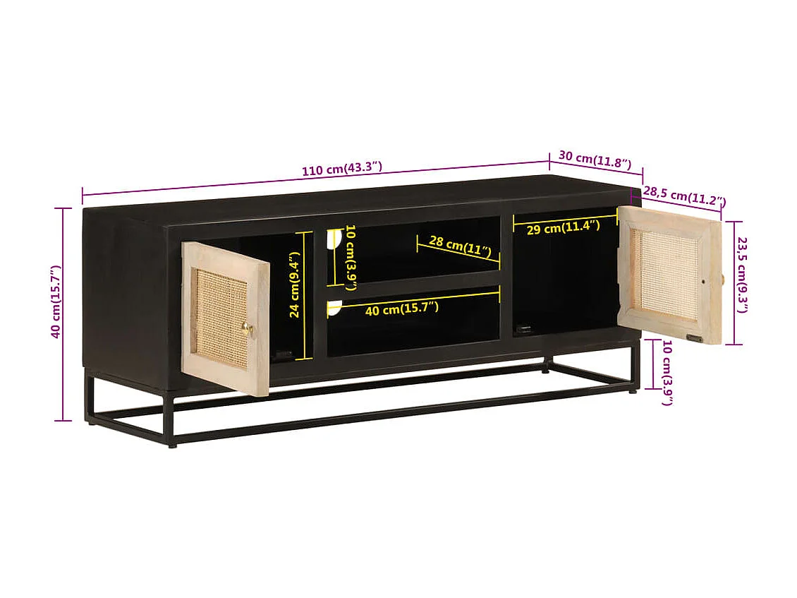 Mobile TV nero 110x30x40 cm in legno massello di mango e ferro