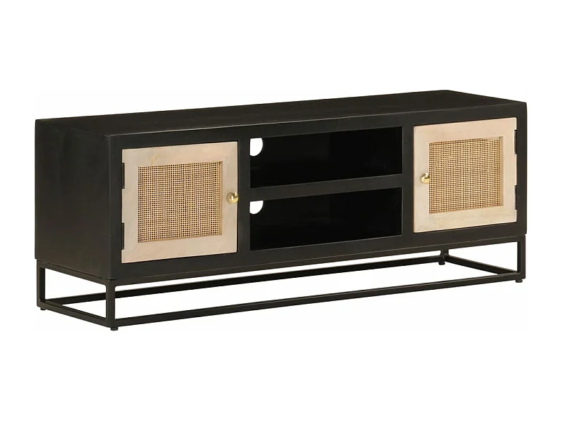 Meuble TV noir 110x30x40 cm bois massif de manguier et fer