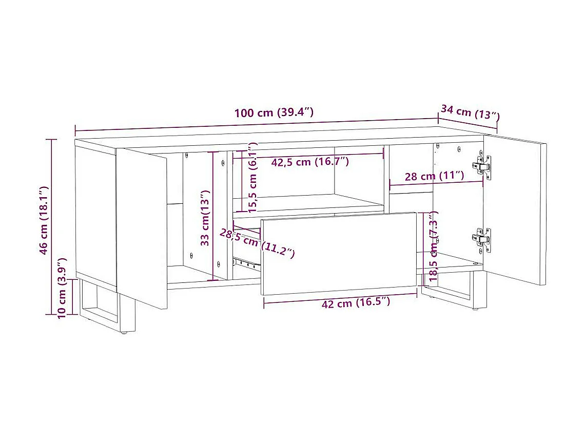 Mobile TV 100x34x46 cm in legno massello di mango
