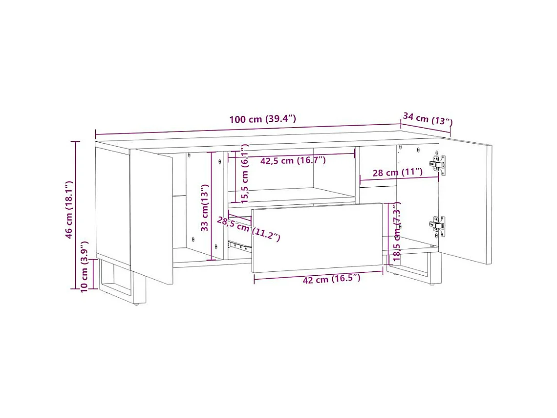 Meuble TV 100x34x46 cm bois massif de manguier