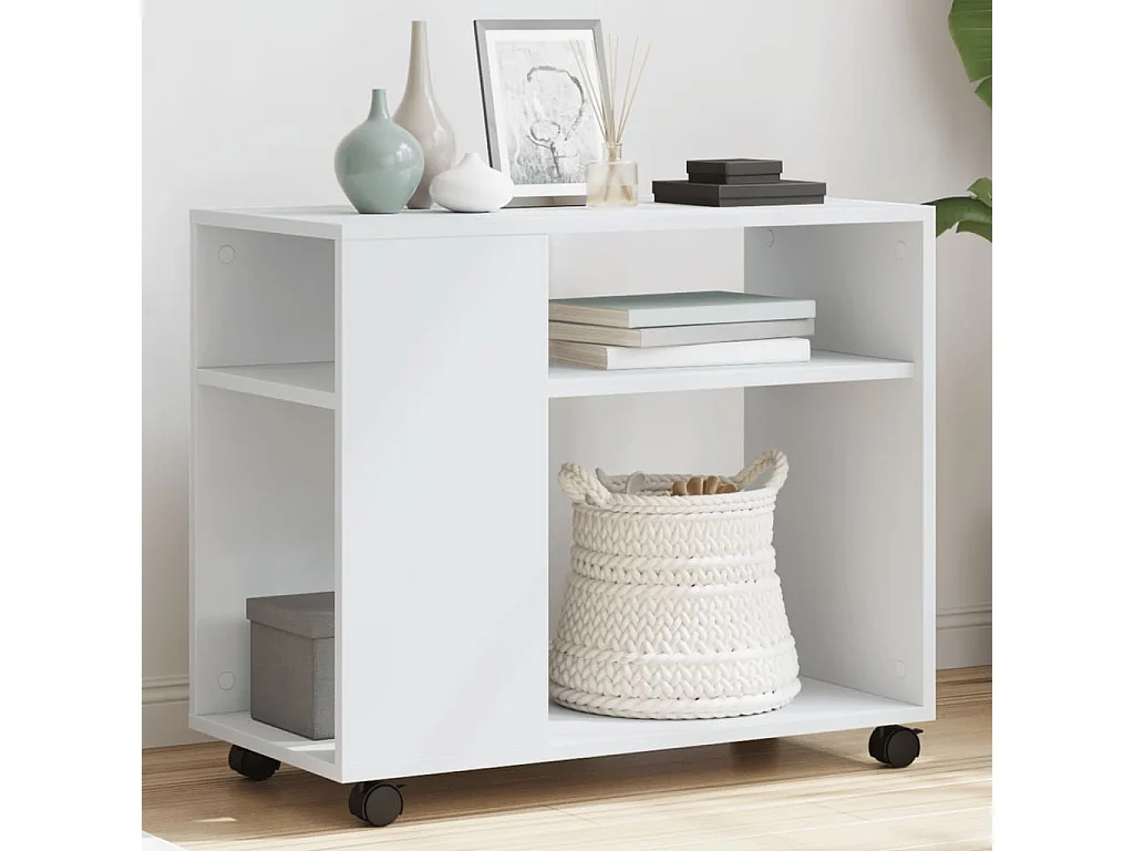 Tavolino con ruote bianco 70x35x60 cm in derivati del legno