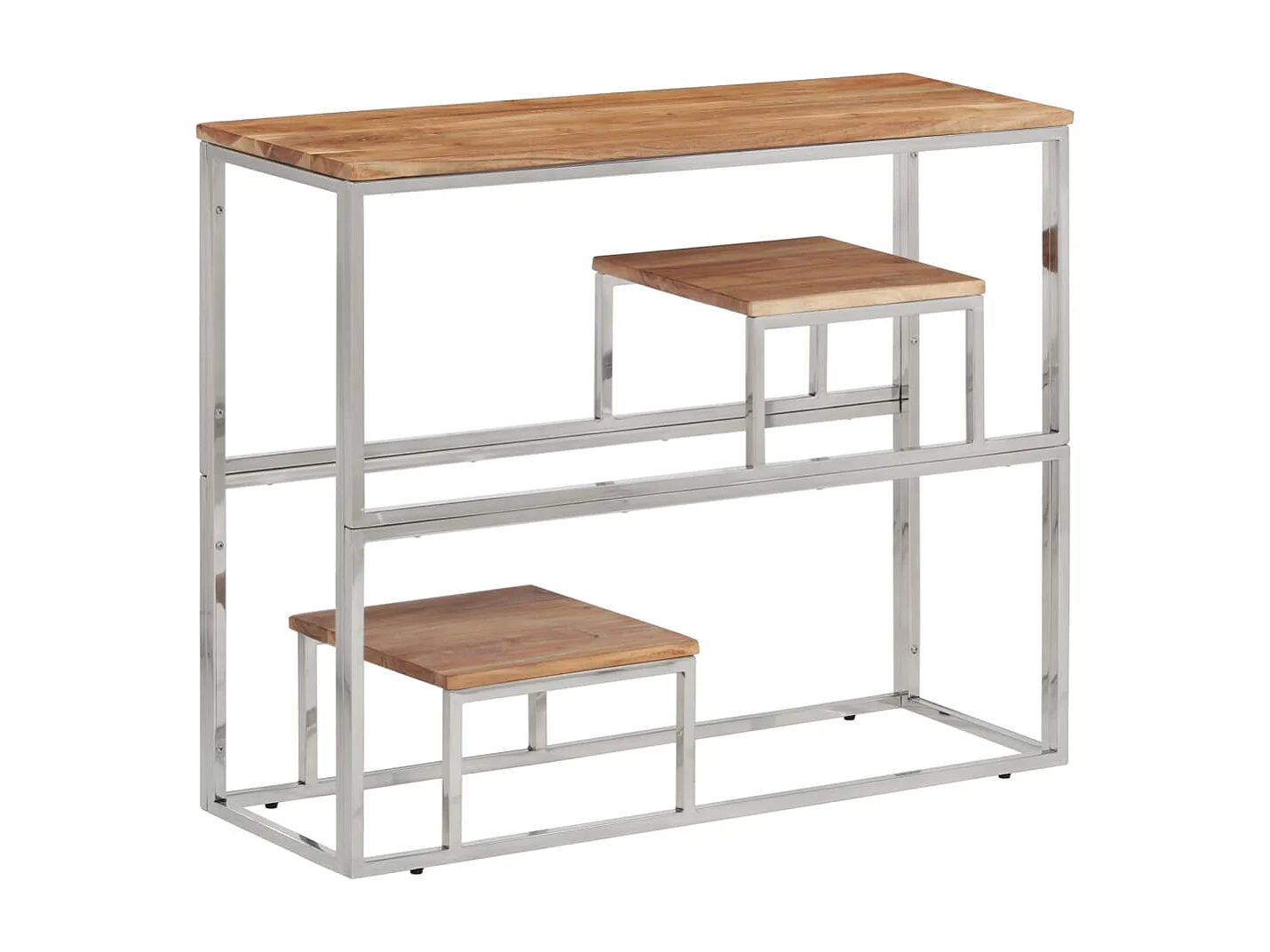 Mesa consolas em aço inoxidável prateado e madeira de acácia maciça