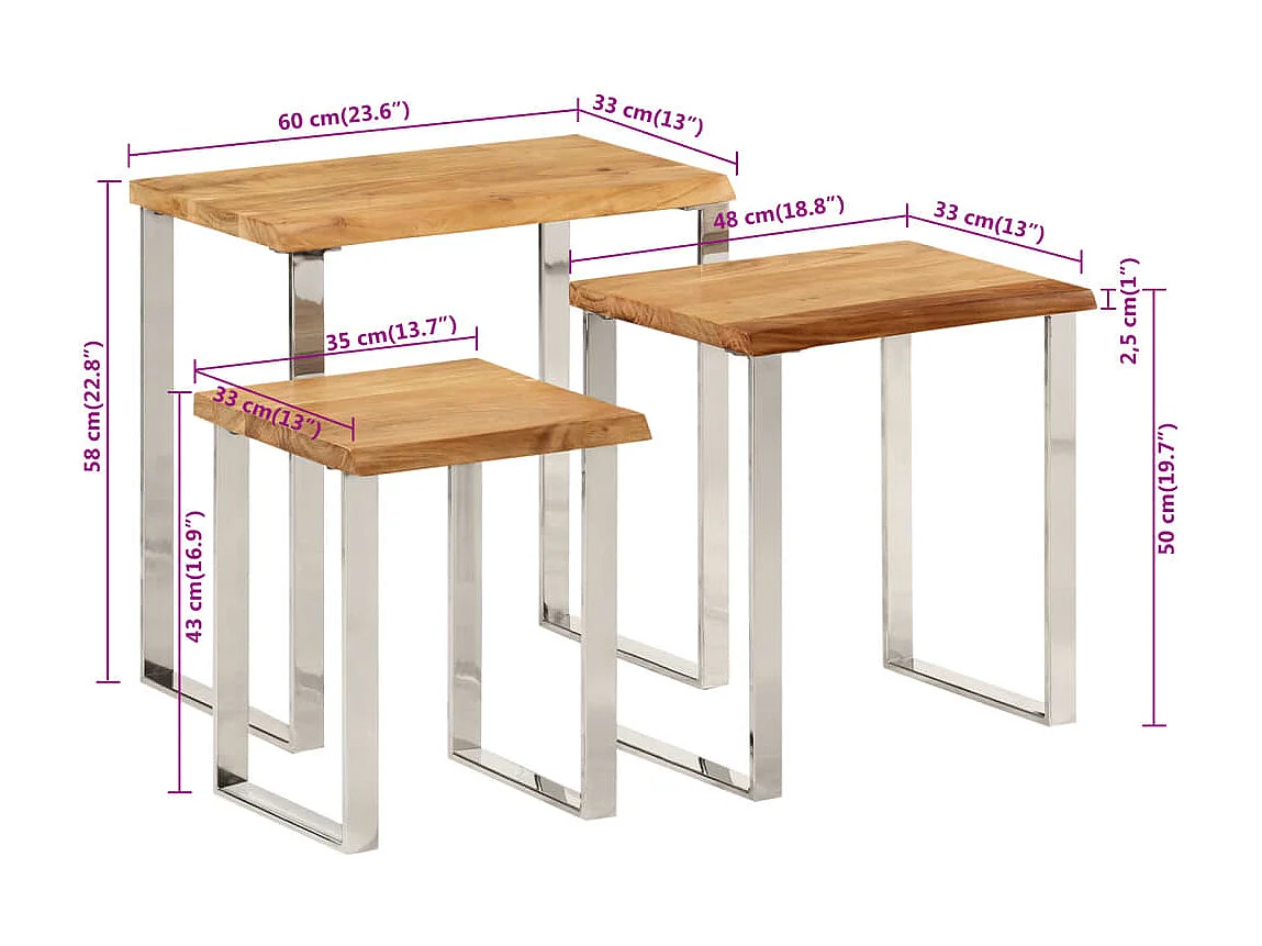 Tables gigognes 3 pcs avec bord vivant bois massif d'acacia