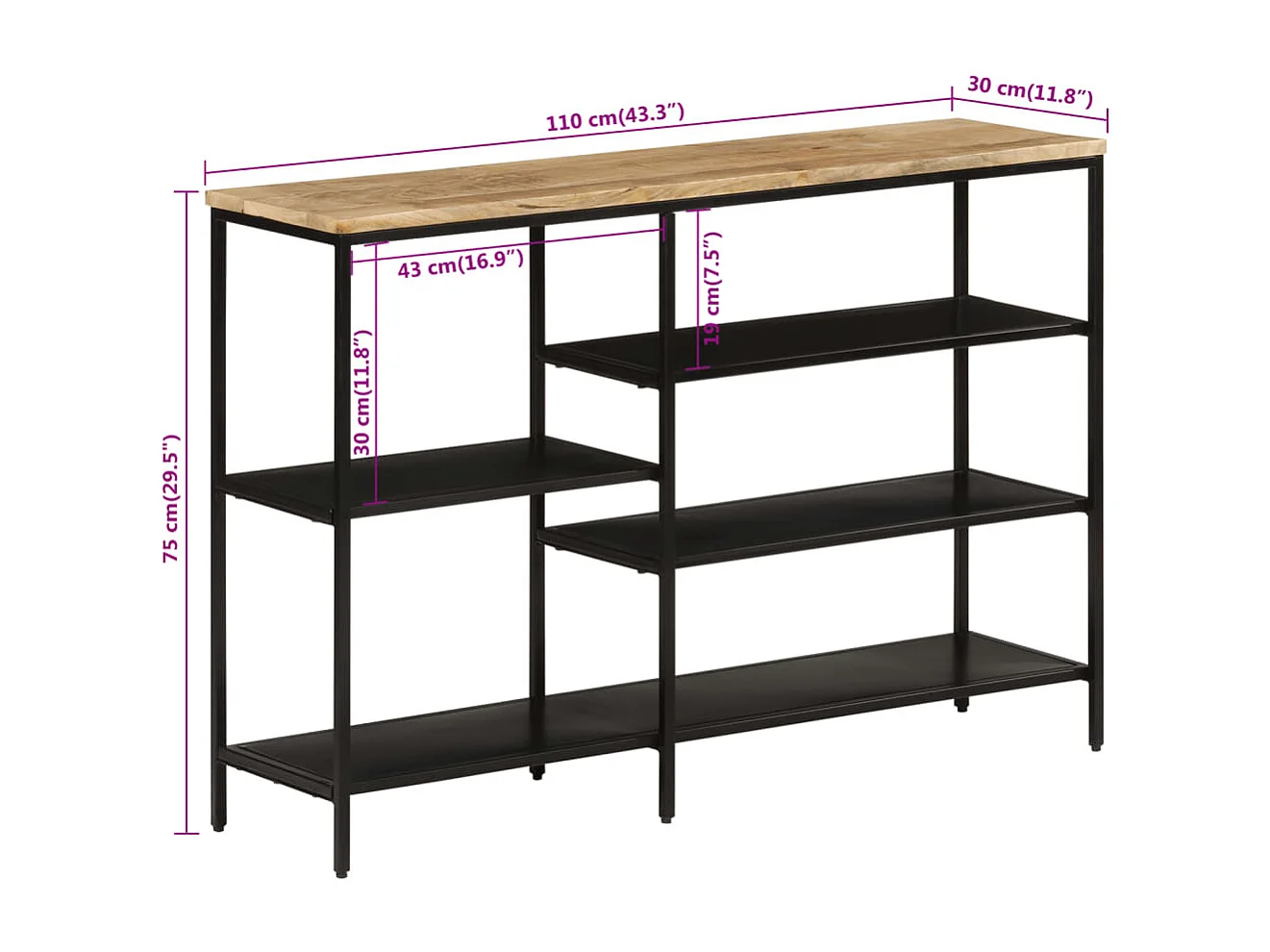 Mesa consola 110x30x75 cm madeira de mangueira maciça crua e ferro