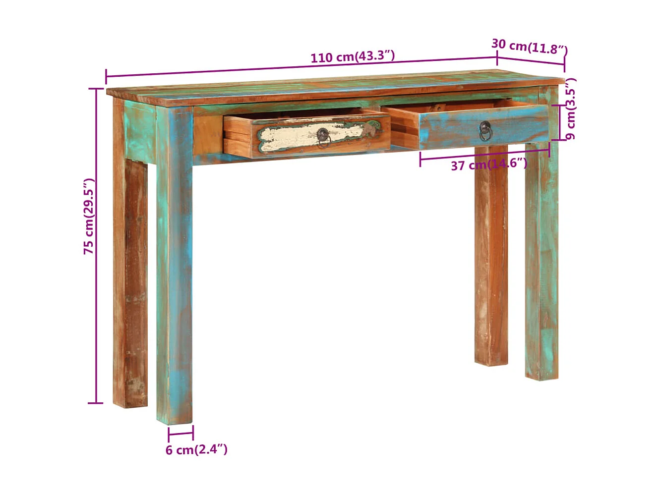 Mesa consola 110x30x75 cm madera maciza recuperada