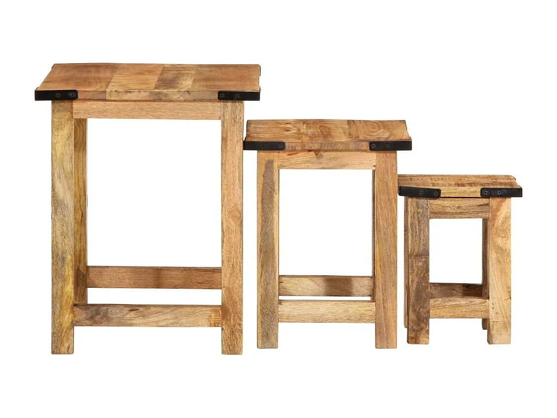 Stapelbare Beistelltische, 3 Stück, rohes, massives Mangoholz
