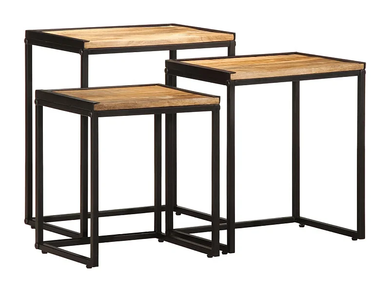 Stapelbare Beistelltische, 3 Stück, rohes, massives Mangoholz