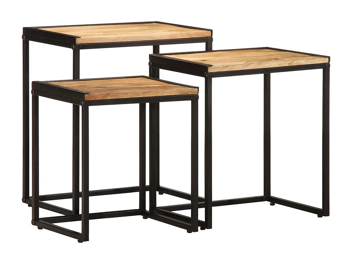 Stapelbare Beistelltische, 3 Stück, rohes, massives Mangoholz