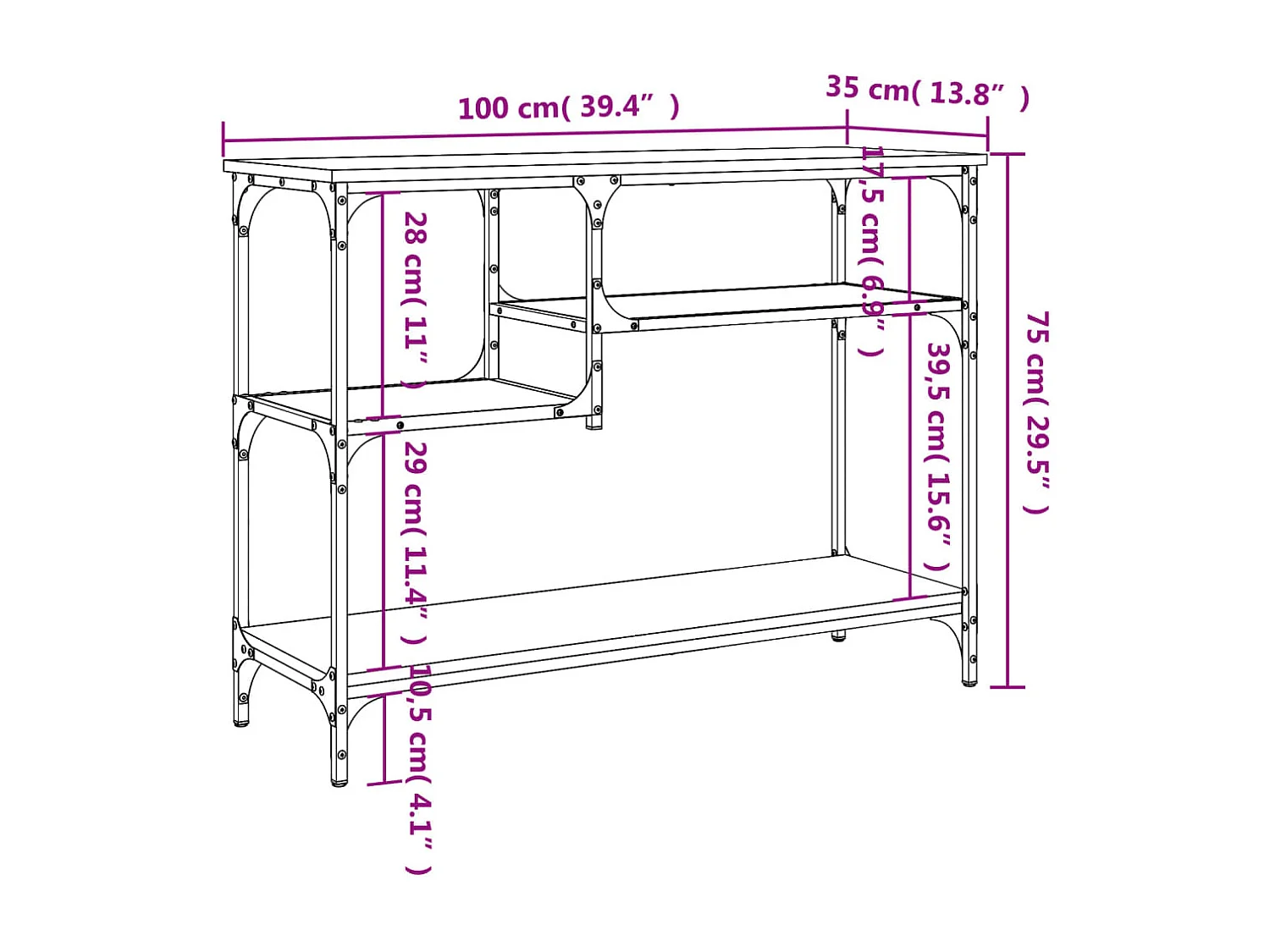 Table console avec étagères chêne marron 100x35x75 cm