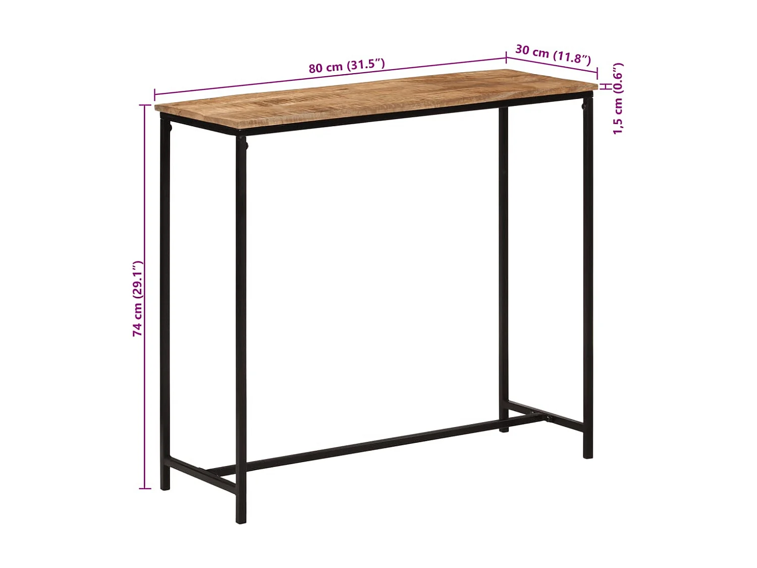 Table console 80x30x74 cm bois massif de manguier et fer