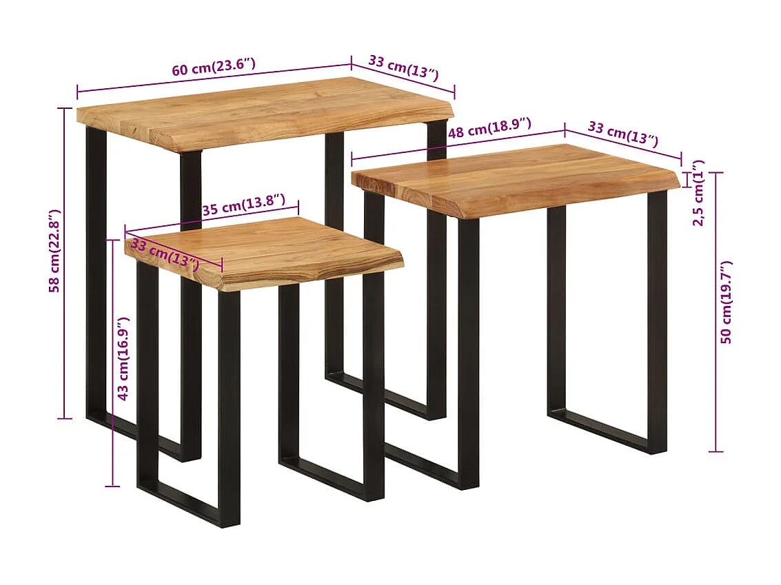 Tables gigognes 3 pcs avec bord vivant bois massif d'acacia