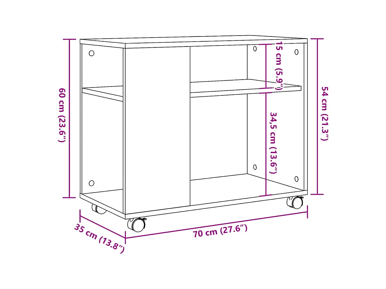 Bijzettafel met wielen, handgemaakt eikenhout