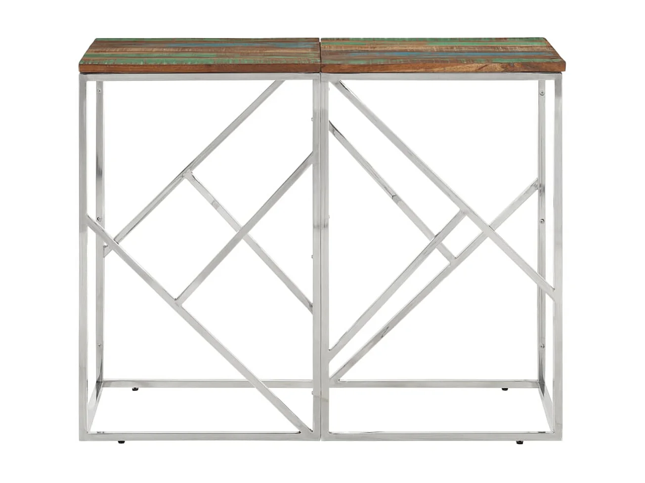 Tavolo consolle in acciaio inossidabile color argento/legno massiccio di recupero