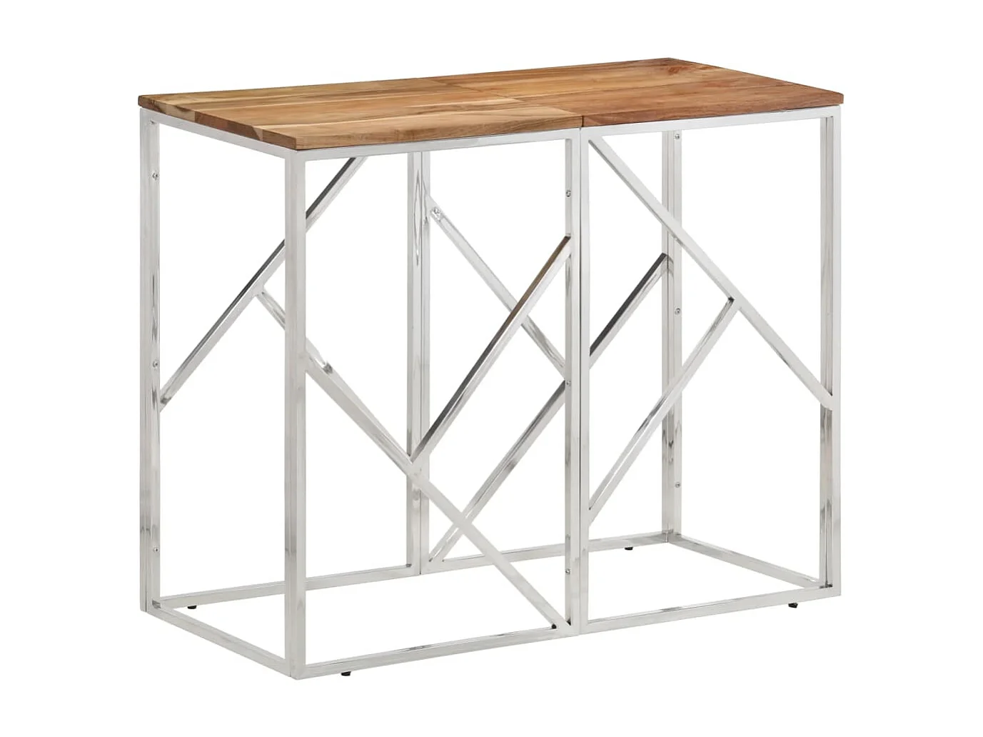 Table console argenté acier inoxydable et bois massif d'acacia