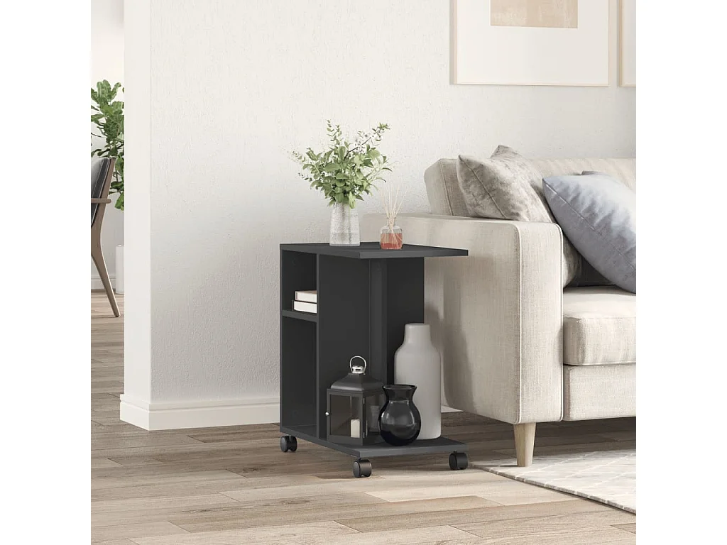 Mesa auxiliar con ruedas madera contrachapada negra 50x30x55 cm