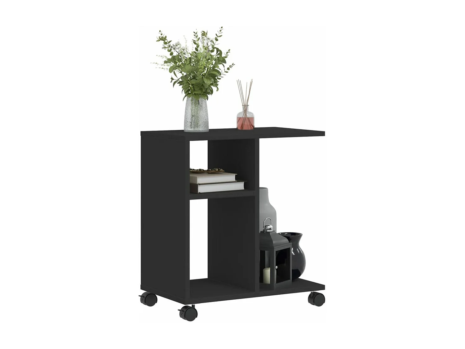 Mesa auxiliar con ruedas madera contrachapada negra 50x30x55 cm