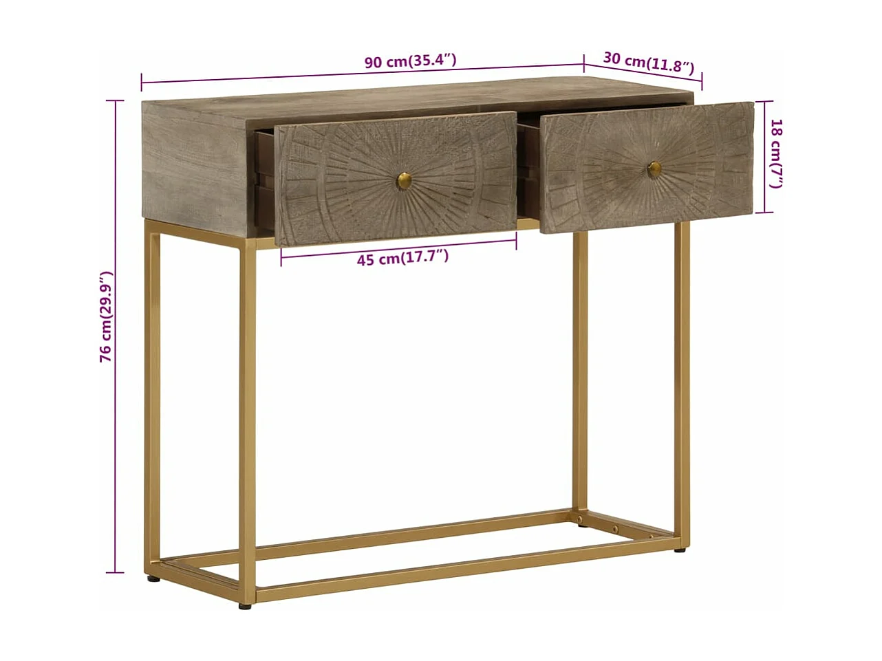 Table console 90x30x76 cm bois massif de manguier et fer