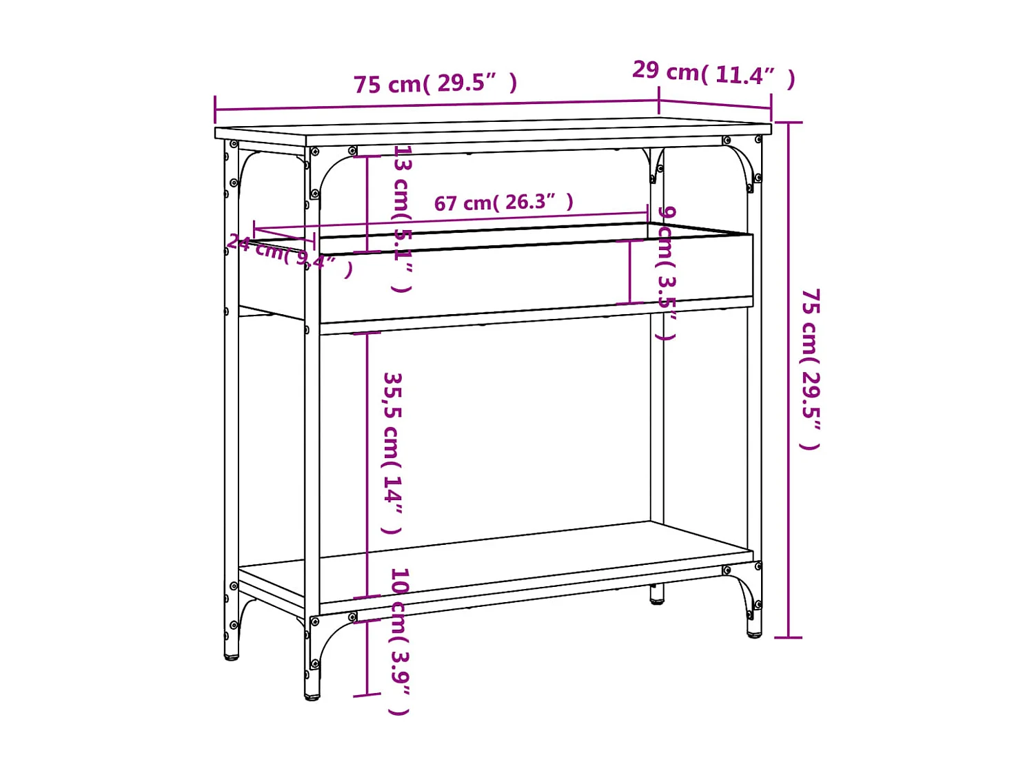 Table console avec étagère chêne marron 75x29x75 cm