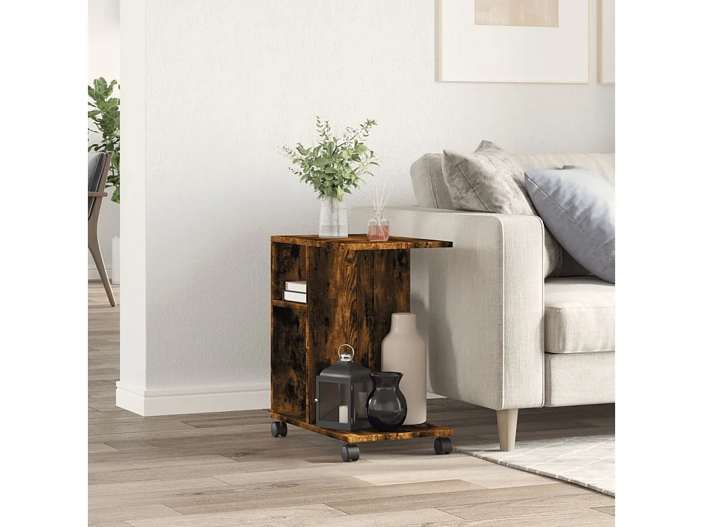 Mesa auxiliar con ruedas de madera contrachapada de roble ahumado