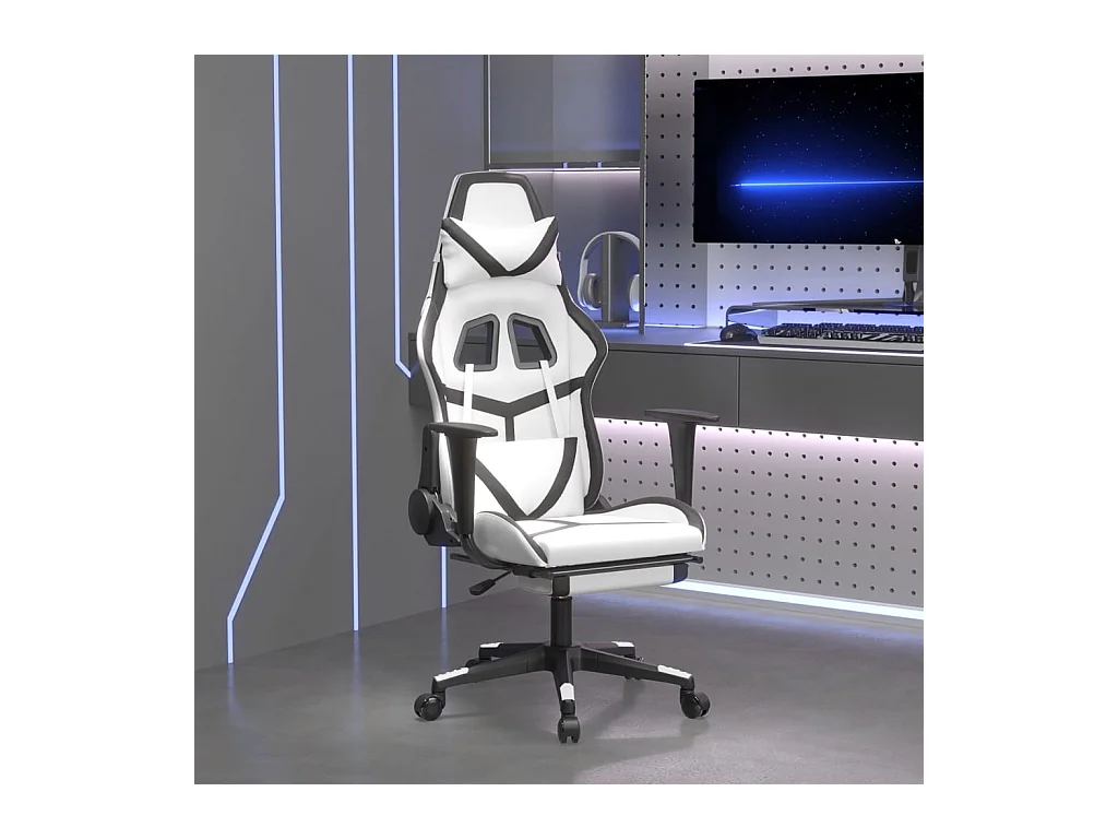 Massage-Gaming-Stuhl mit Fußstütze, Kunstleder in Weiß und Schwarz