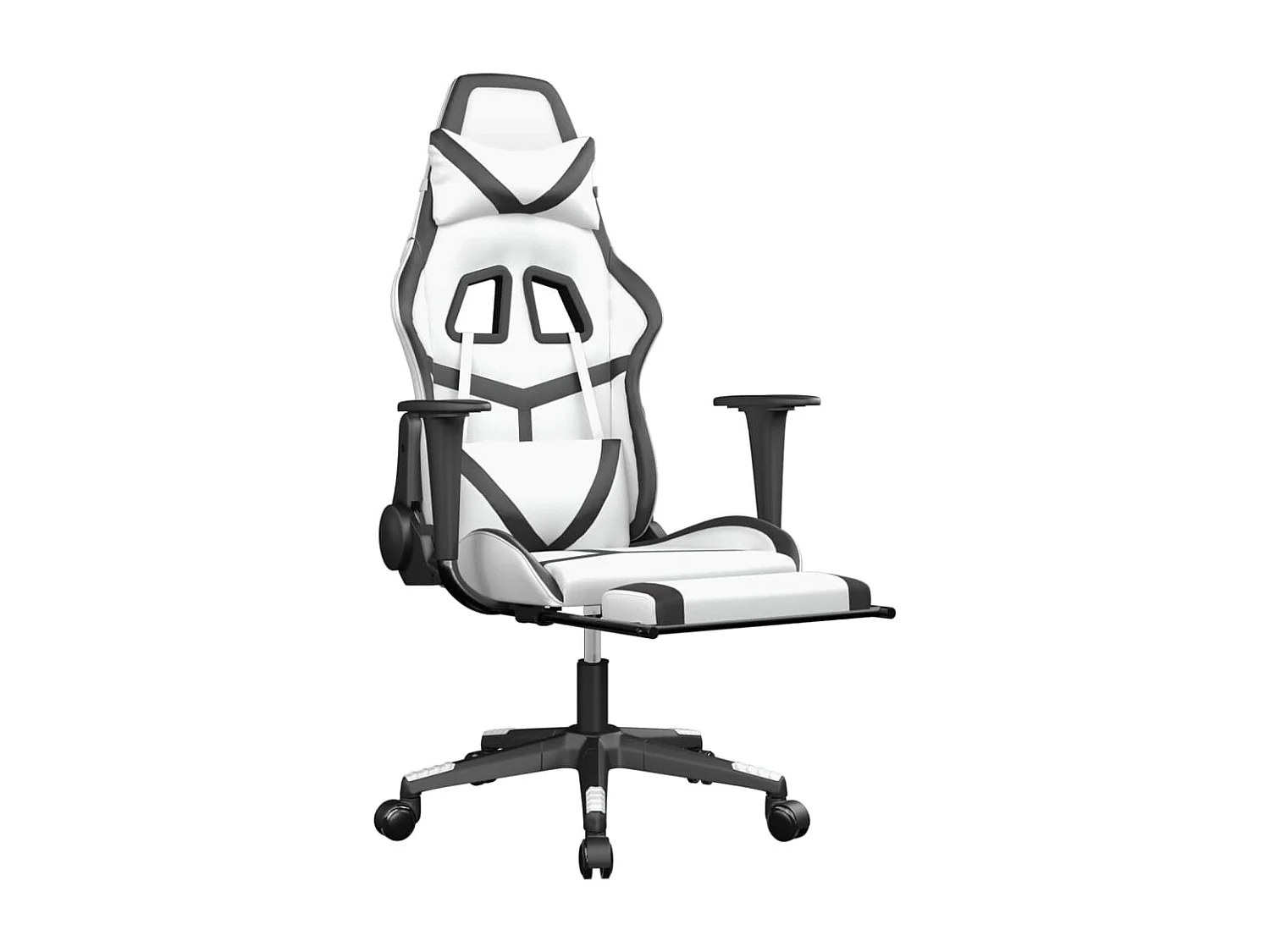 Silla gaming de masaje con reposapiés de piel sintética blanca y negra