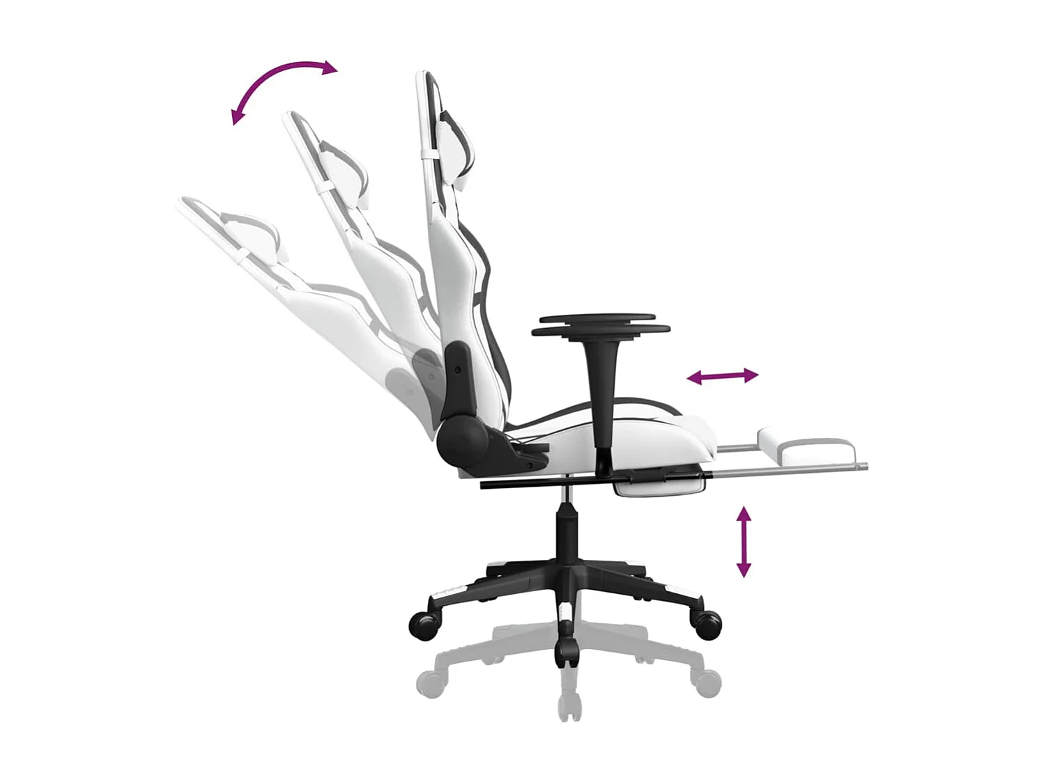 Silla gaming de masaje con reposapiés de piel sintética blanca y negra