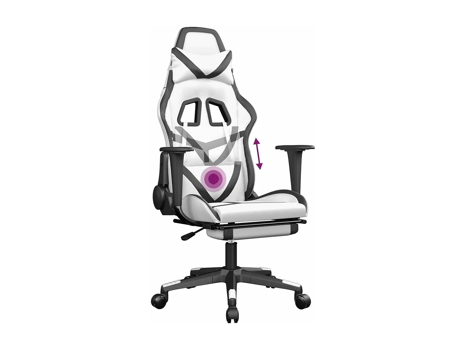 Silla gaming de masaje con reposapiés de piel sintética blanca y negra