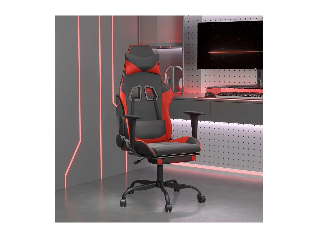 Massage-Gaming-Stuhl mit Fußstütze, Kunstleder in Schwarz und Rot