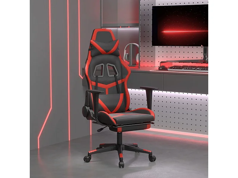 Cadeira de massagem para jogos com apoio para os pés em couro sintético preto e vermelho