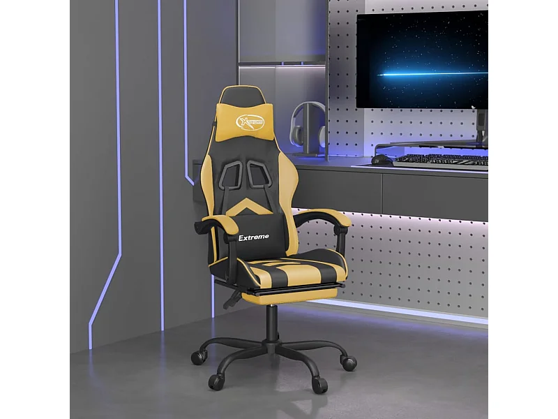 Sedia da gaming girevole e poggiapiedi in ecopelle nera e dorata