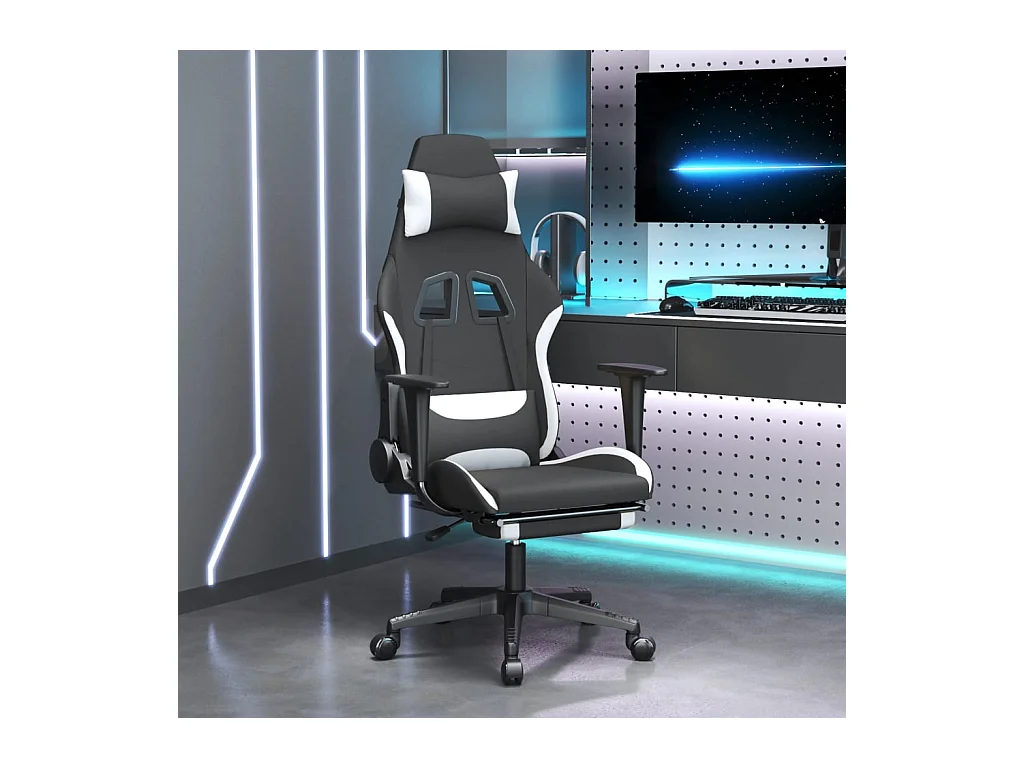 Massage-Gaming-Stuhl mit Fußstütze aus schwarzem und weißem Stoff