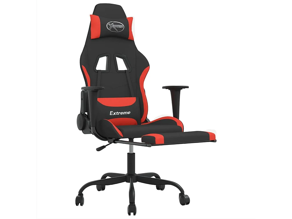 Sedia da gaming massaggiante con poggiapiedi in tessuto nero e rosso