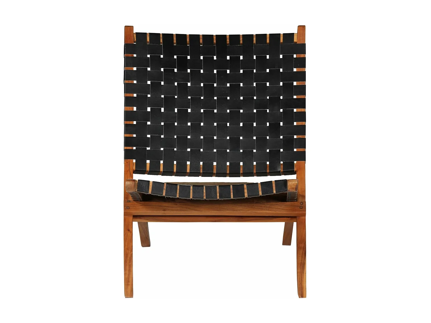 Silla plegable con bandas cruzadas de cuero genuino negro.