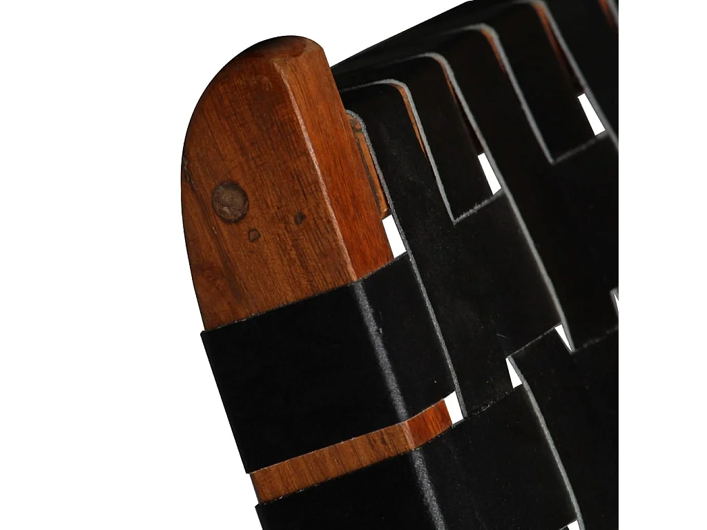 Silla plegable con bandas cruzadas de cuero genuino negro.