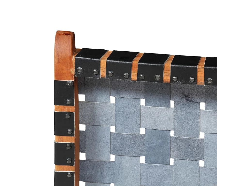 Silla plegable con bandas cruzadas de cuero genuino negro.