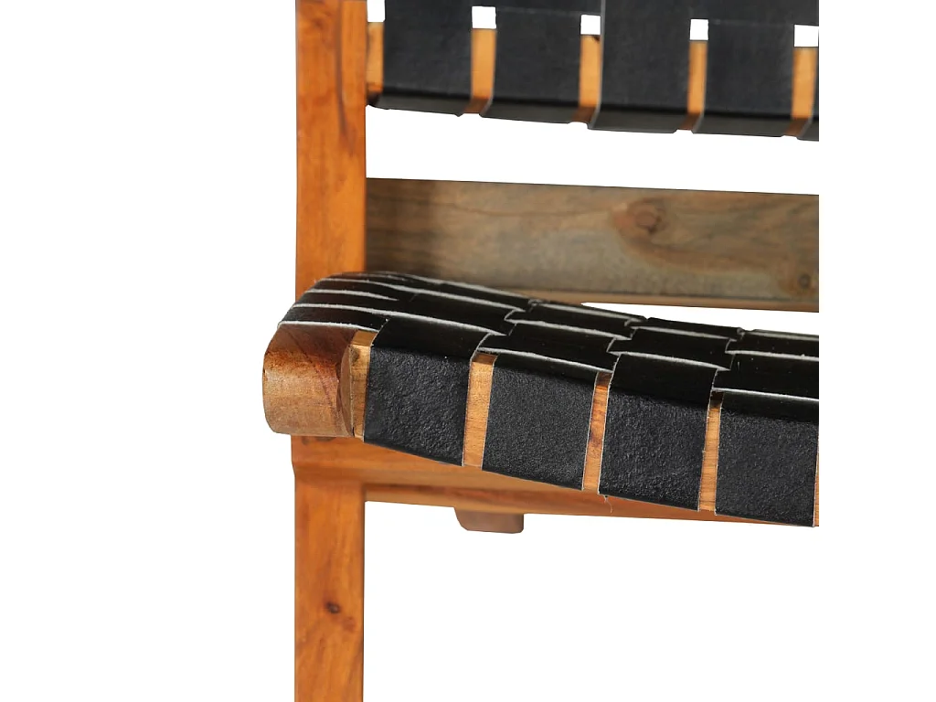 Silla plegable con bandas cruzadas de cuero genuino negro.