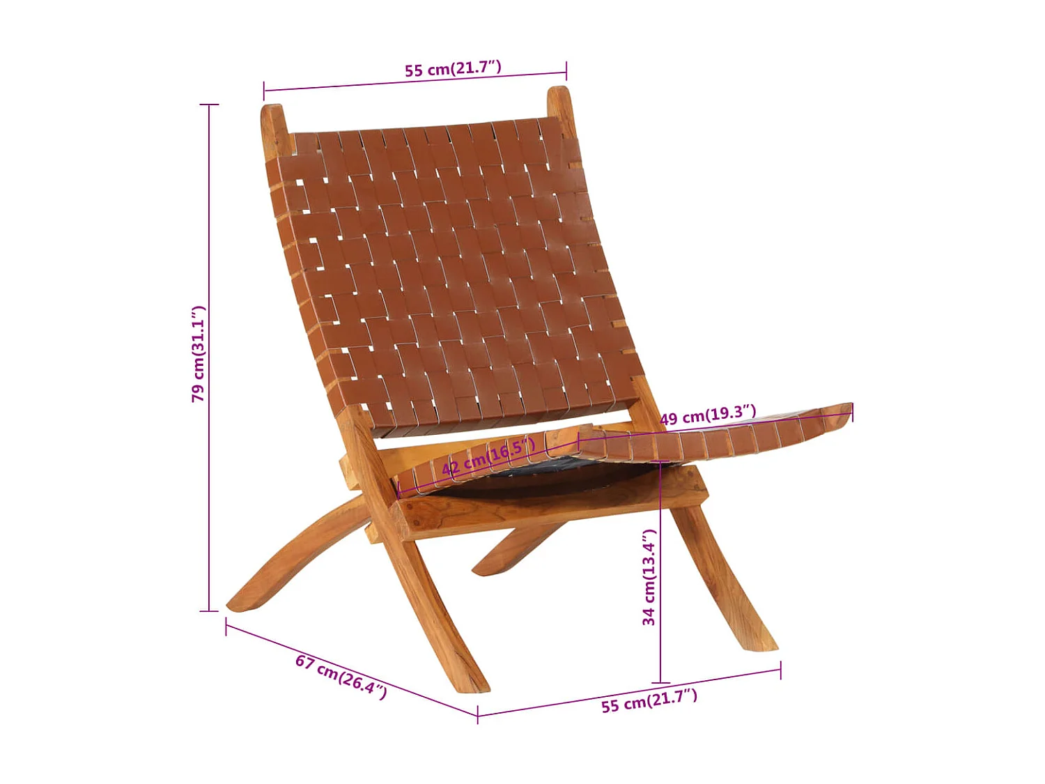 Cadeira de relaxamento dobrável em couro genuíno marrom