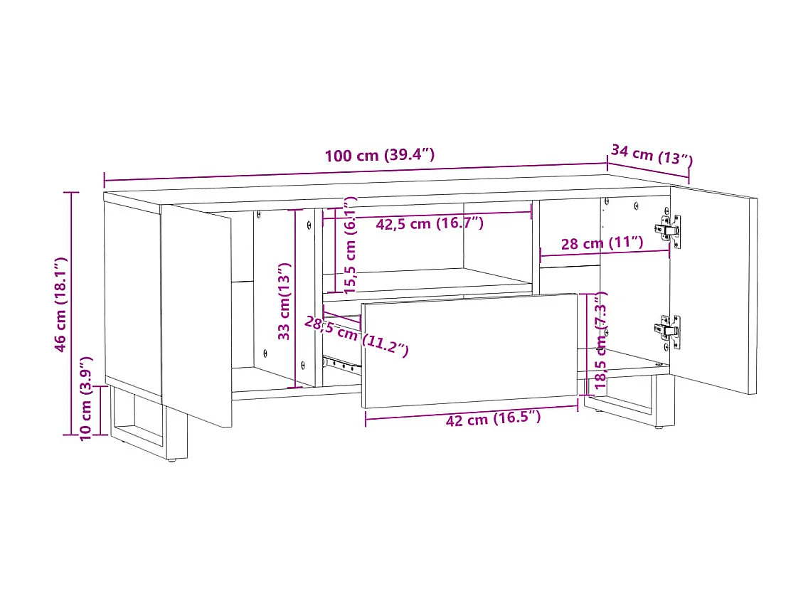 Meuble TV marron 100x34x46 cm bois massif manguier