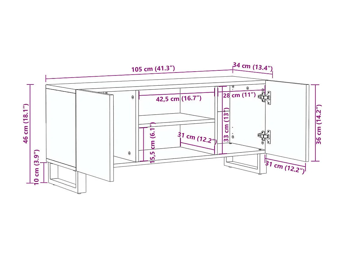 Meuble TV blanc 105x34x46 cm bois massif de manguier