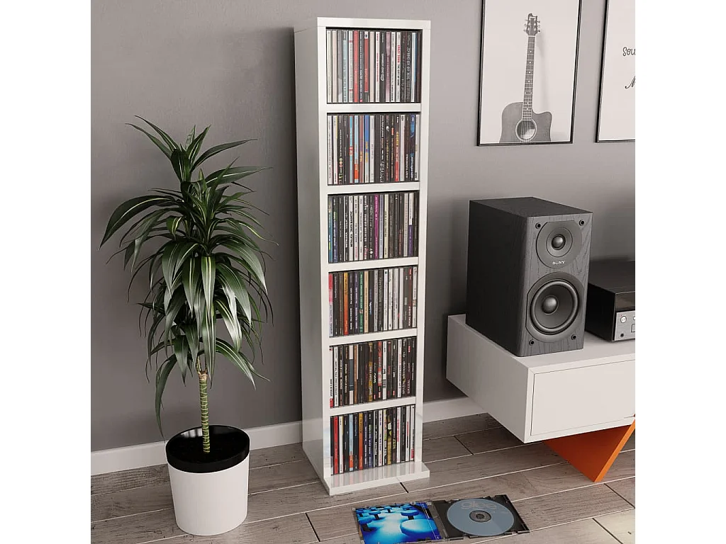 Mueble CD Blanco brillo 21x20x88 cm Madera contrachapada