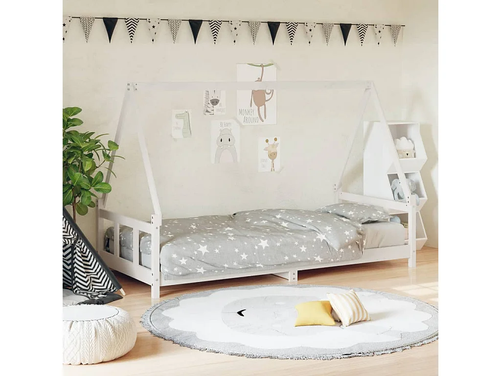 Estructura de cama infantil blanca de madera maciza de pino 90x200 cm
