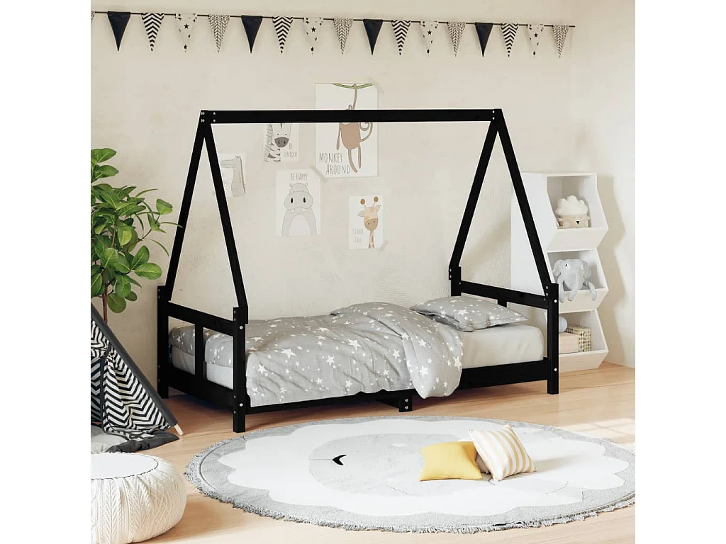 Estrutura de cama infantil preta 80x160 cm em madeira maciça de pinho