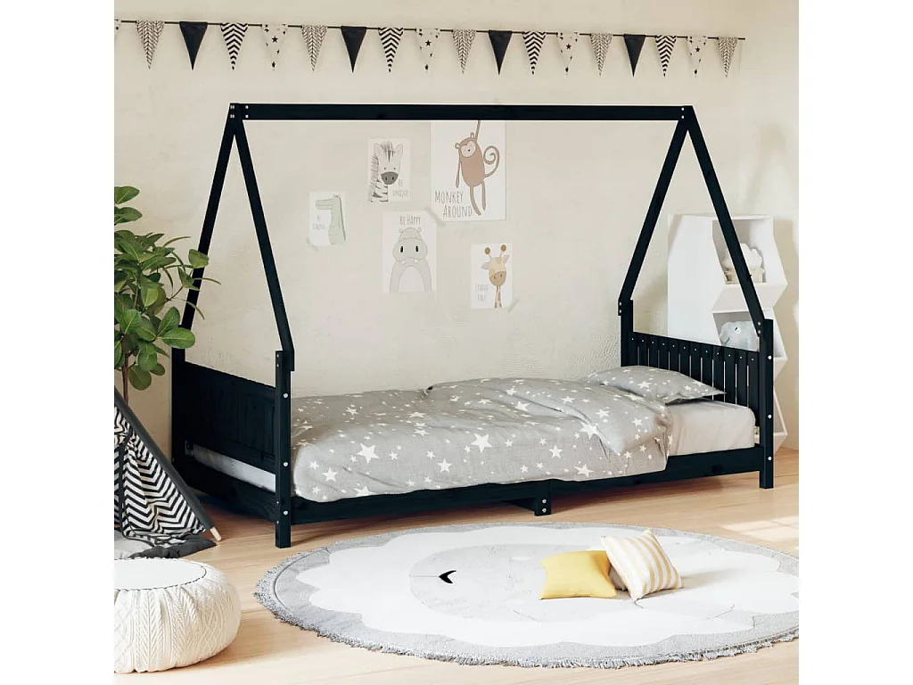 Zwart kinderbedframe 90x200 cm massief grenenhout
