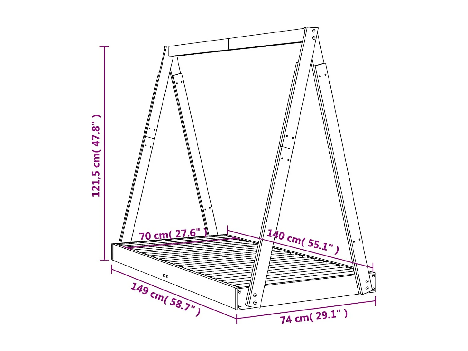 Estructura de cama infantil blanca de madera maciza de pino 70x140 cm