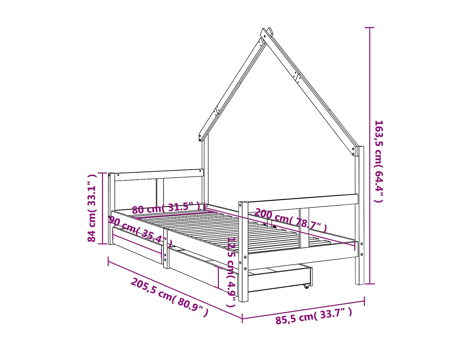 Estrutura de cama infantil com gavetas pretas 80x200 cm madeira maciça de pinho