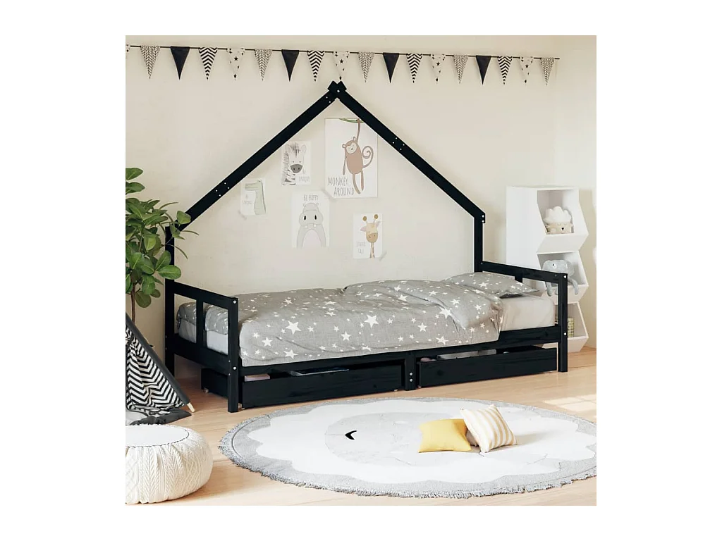 Cadre de lit enfant tiroirs noir 80x200 cm bois de pin massif