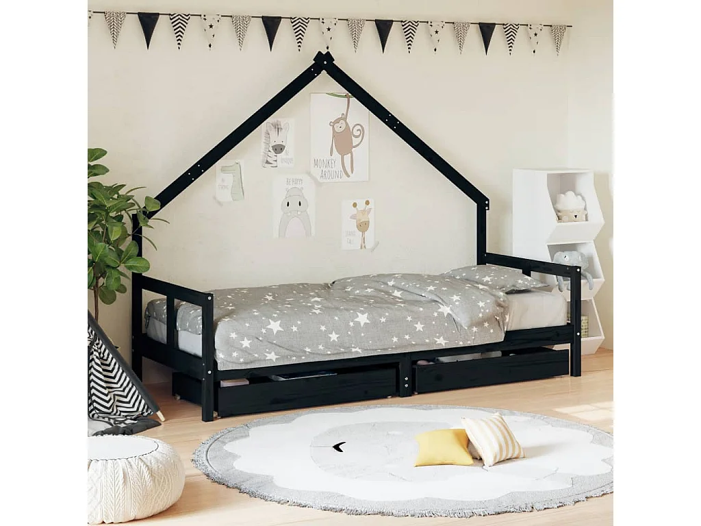 Cadre de lit enfant tiroirs noir 80x200 cm bois de pin massif